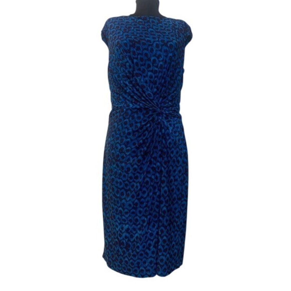 RALPH LAUREN Geometric Print Dress Blue/Black Side Twist Sleeveless‎ Stretch  XL